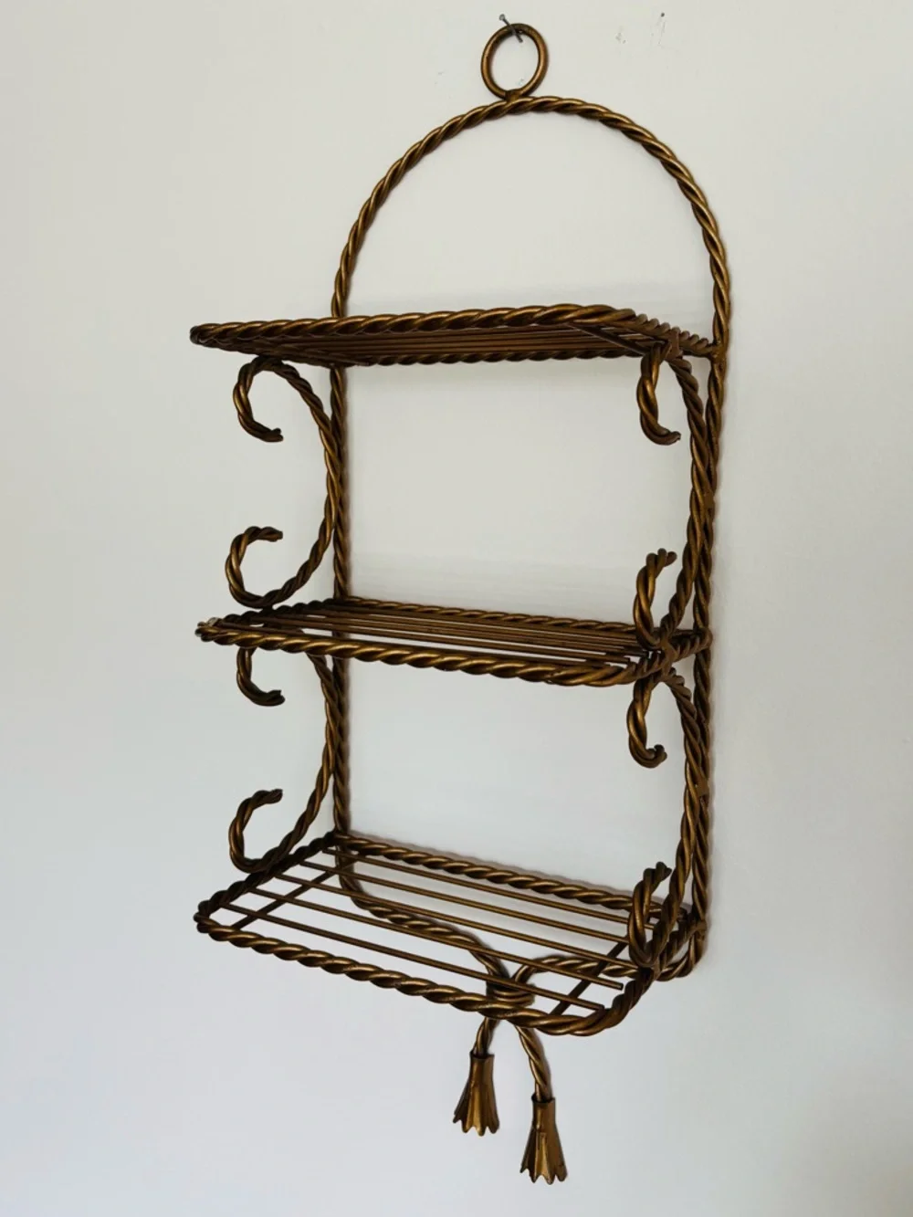 3 Tiered Hollywood Regency Gold-Tone Twisted Rope Wall Shelf 21inches High